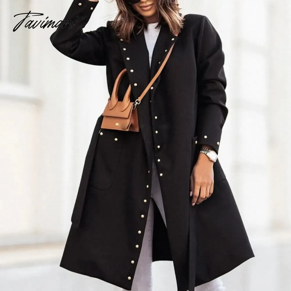 Tavimart Women Long Sleeve Lapel Button Woolen Coat Casual Lace-Up Solid Warm Jacket Fall Winter Double-Breasted Rivet Handsome Overcoats