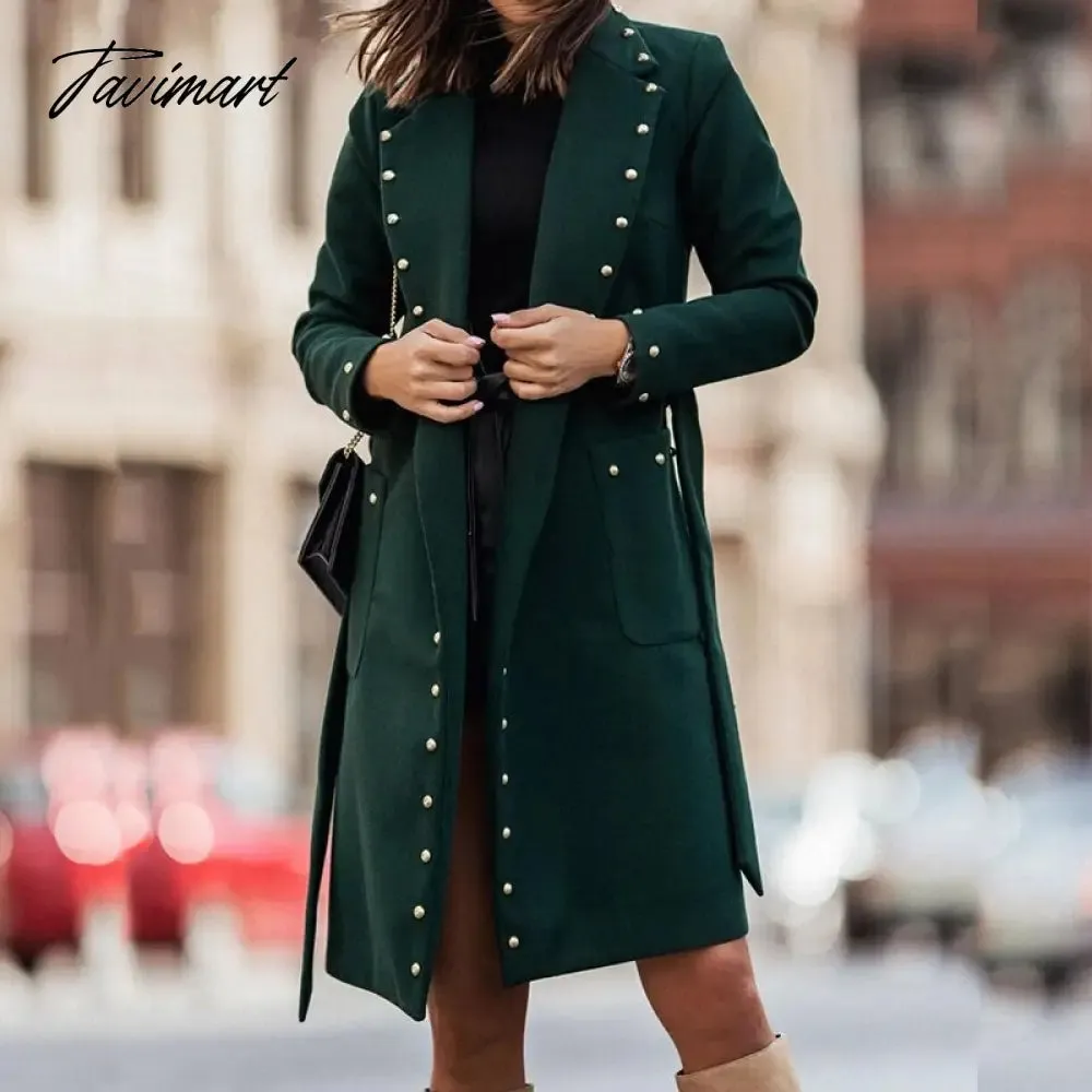 Tavimart Women Long Sleeve Lapel Button Woolen Coat Casual Lace-Up Solid Warm Jacket Fall Winter Double-Breasted Rivet Handsome Overcoats