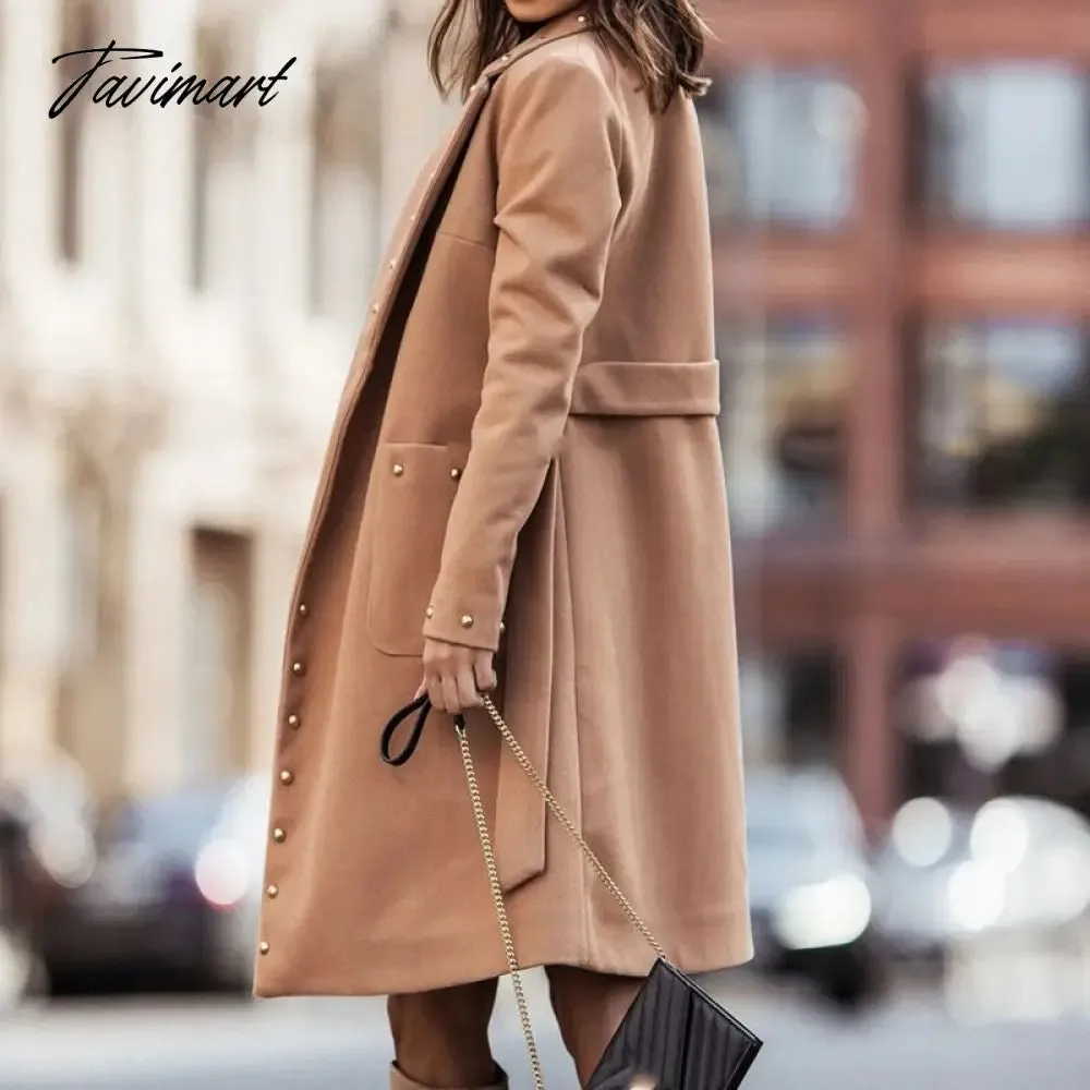 Tavimart Women Long Sleeve Lapel Button Woolen Coat Casual Lace-Up Solid Warm Jacket Fall Winter Double-Breasted Rivet Handsome Overcoats