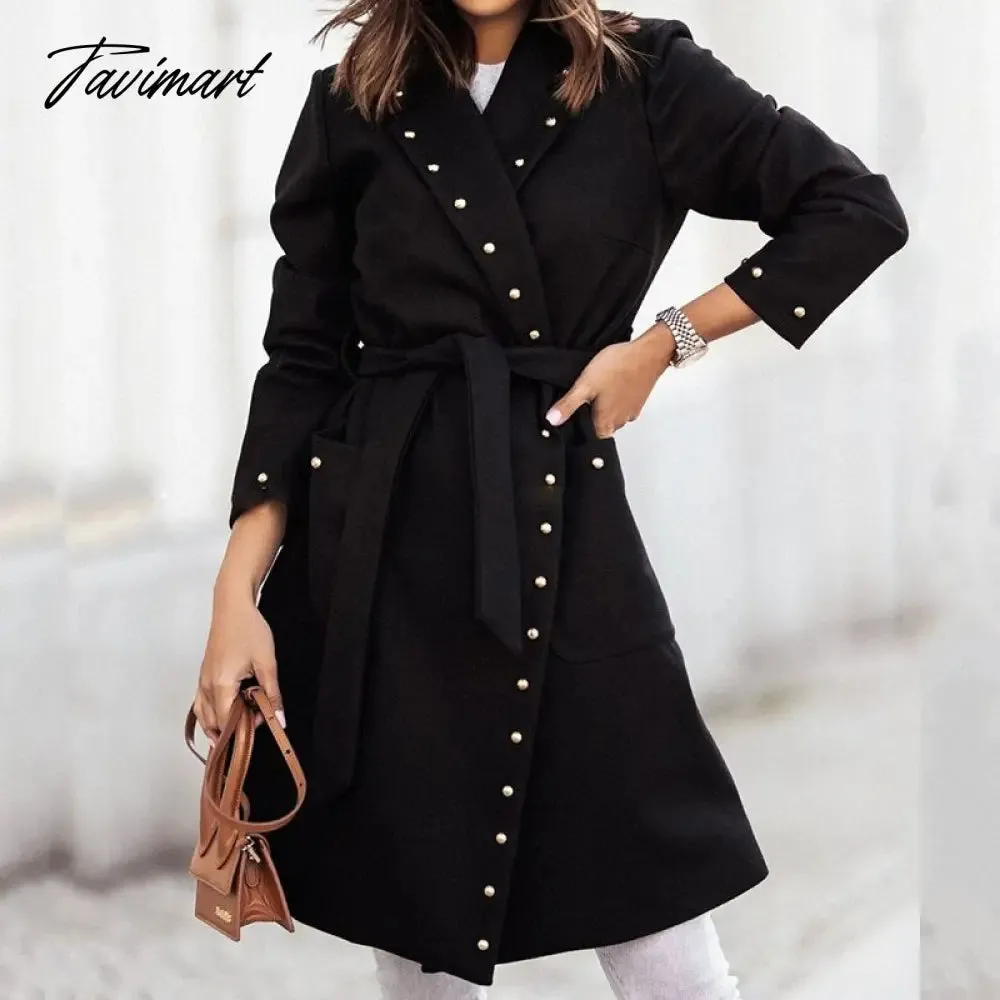 Tavimart Women Long Sleeve Lapel Button Woolen Coat Casual Lace-Up Solid Warm Jacket Fall Winter Double-Breasted Rivet Handsome Overcoats