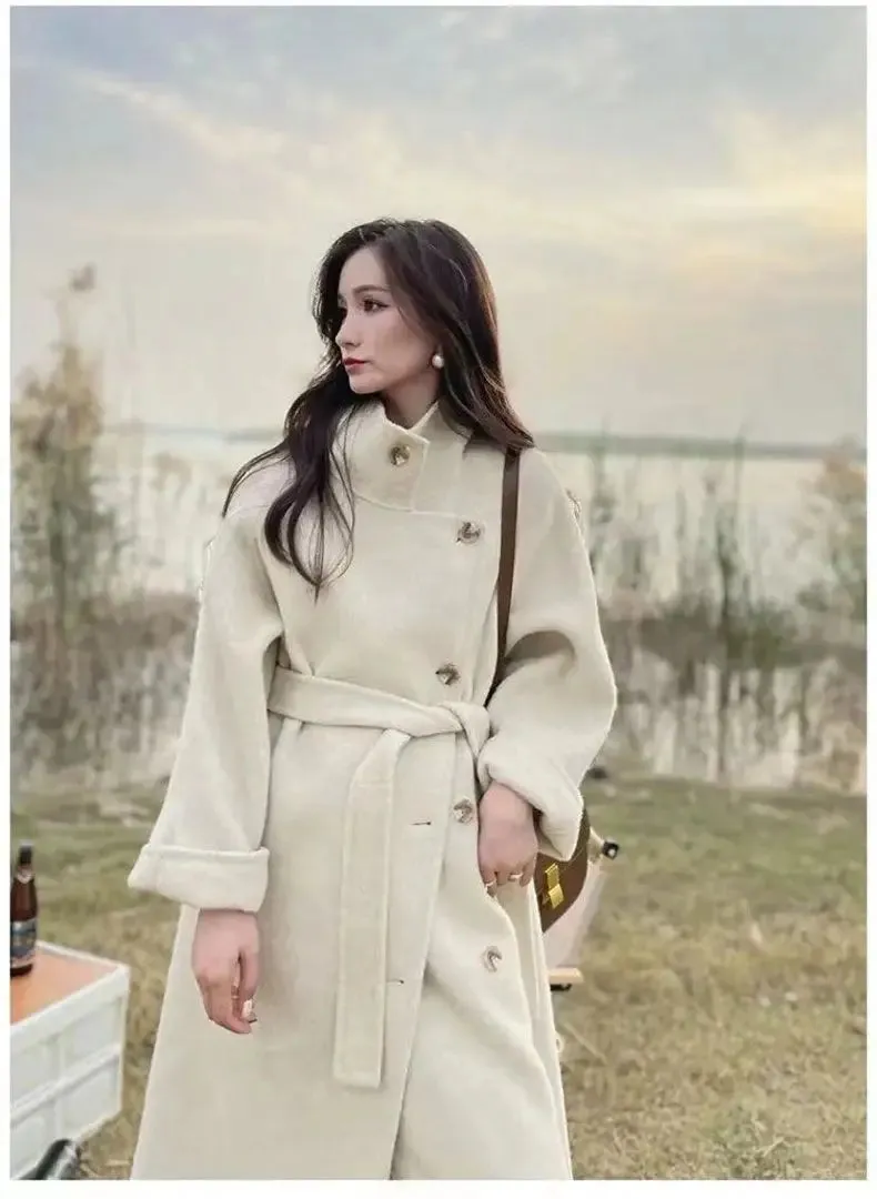 TAVIMART  -  Women's Winter Vintage Long Wool Coat Jacket with Belt Stand Collar Beveled Button Light-Luxury Overcoat Warm Outerwears