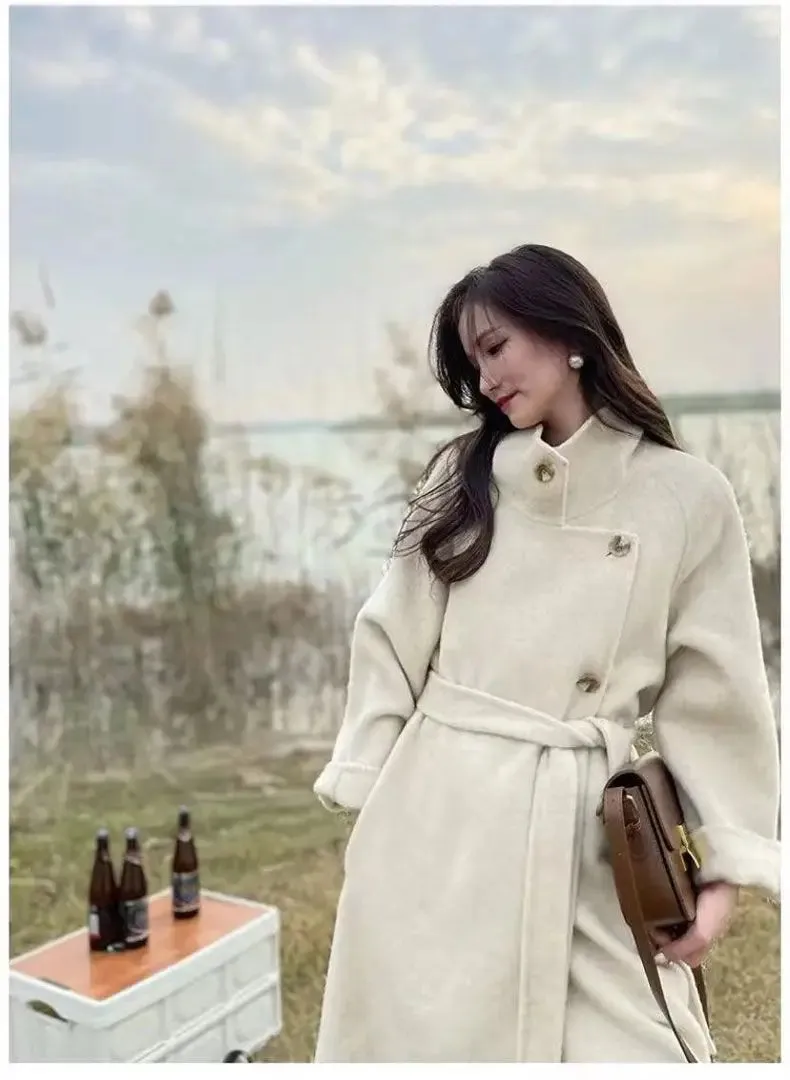 TAVIMART  -  Women's Winter Vintage Long Wool Coat Jacket with Belt Stand Collar Beveled Button Light-Luxury Overcoat Warm Outerwears