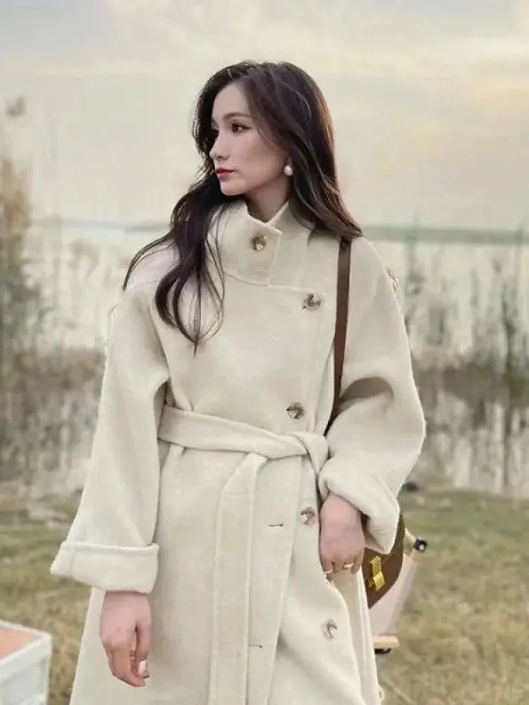 TAVIMART  -  Women's Winter Vintage Long Wool Coat Jacket with Belt Stand Collar Beveled Button Light-Luxury Overcoat Warm Outerwears