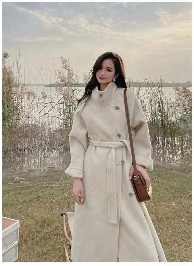 TAVIMART  -  Women's Winter Vintage Long Wool Coat Jacket with Belt Stand Collar Beveled Button Light-Luxury Overcoat Warm Outerwears