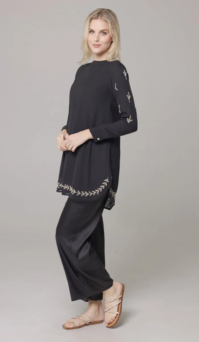 Tazeen Chiffon Formal Embroidered Long Modest Tunic - Black - PREORDER (ships in 2 weeks)