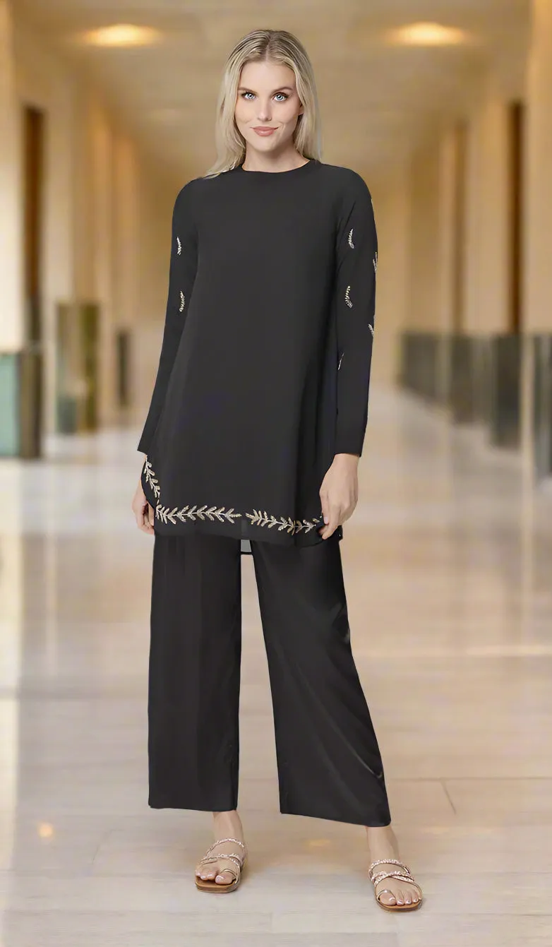 Tazeen Chiffon Formal Embroidered Long Modest Tunic - Black - PREORDER (ships in 2 weeks)