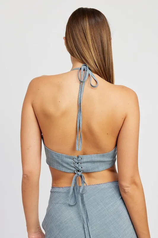 TEEK - CHAMBRAY UNDERWIRE CROPPED HALTER TOP