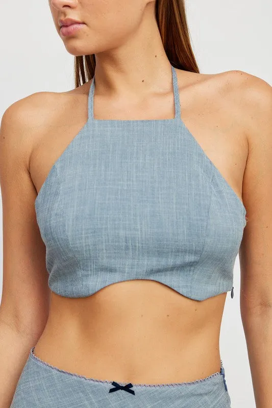 TEEK - CHAMBRAY UNDERWIRE CROPPED HALTER TOP