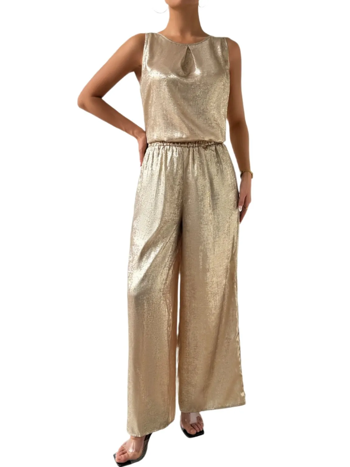 TEEK - Golden Round Neck Sleeveless Top Pants Set