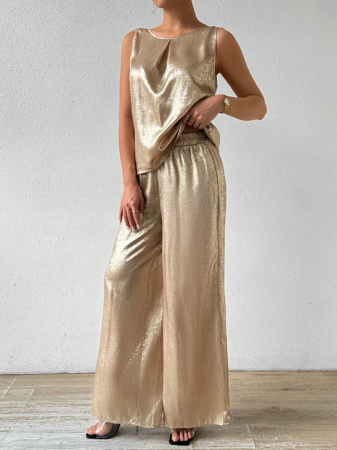 TEEK - Golden Round Neck Sleeveless Top Pants Set