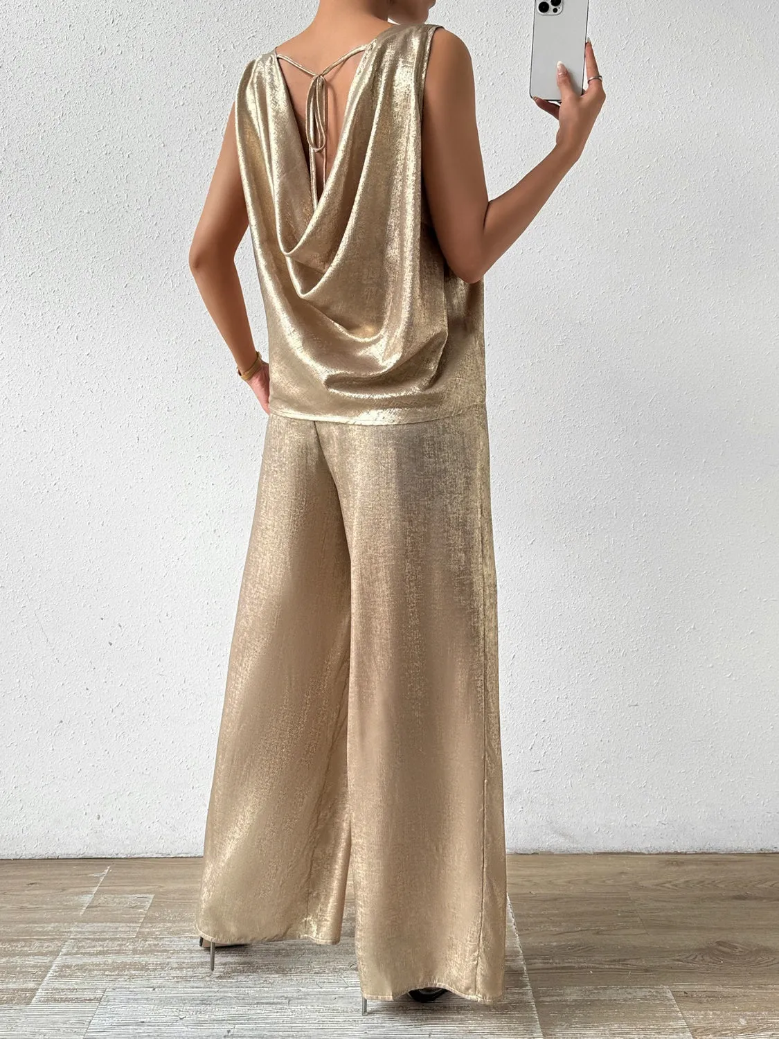 TEEK - Golden Round Neck Sleeveless Top Pants Set