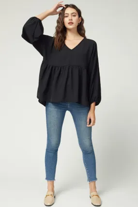 Textured Long Sleeve Babydoll Top, Black