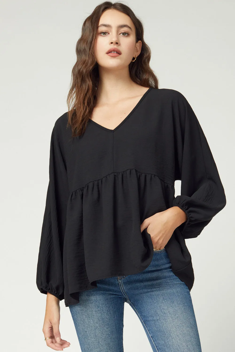 Textured Long Sleeve Babydoll Top, Black