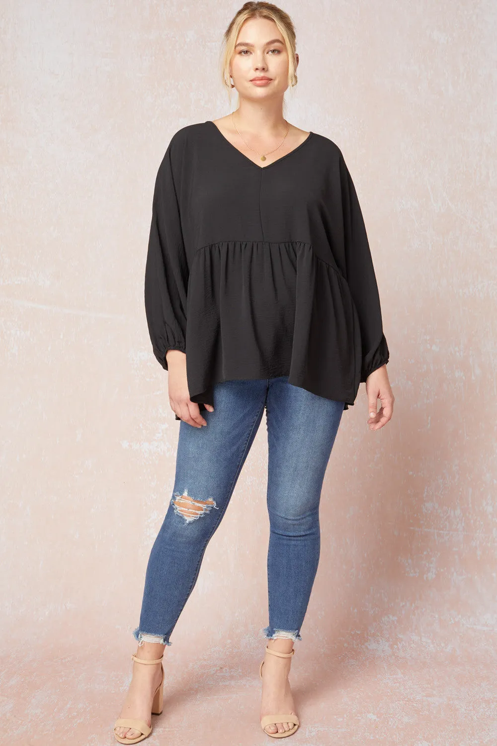 Textured Long Sleeve Babydoll Top, Black