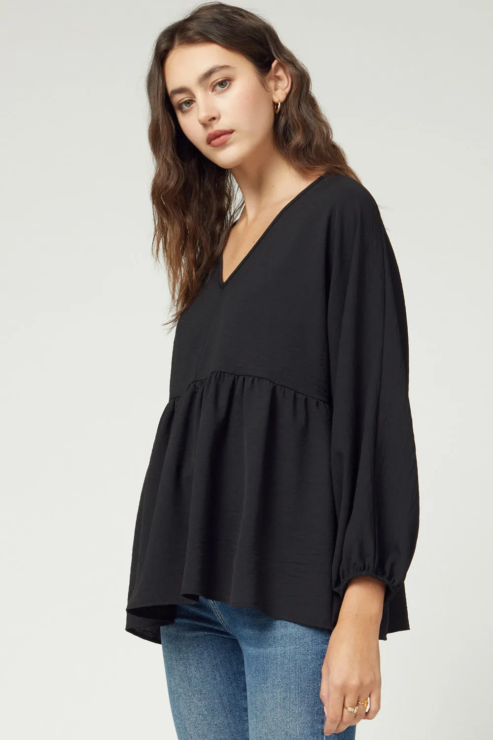 Textured Long Sleeve Babydoll Top, Black