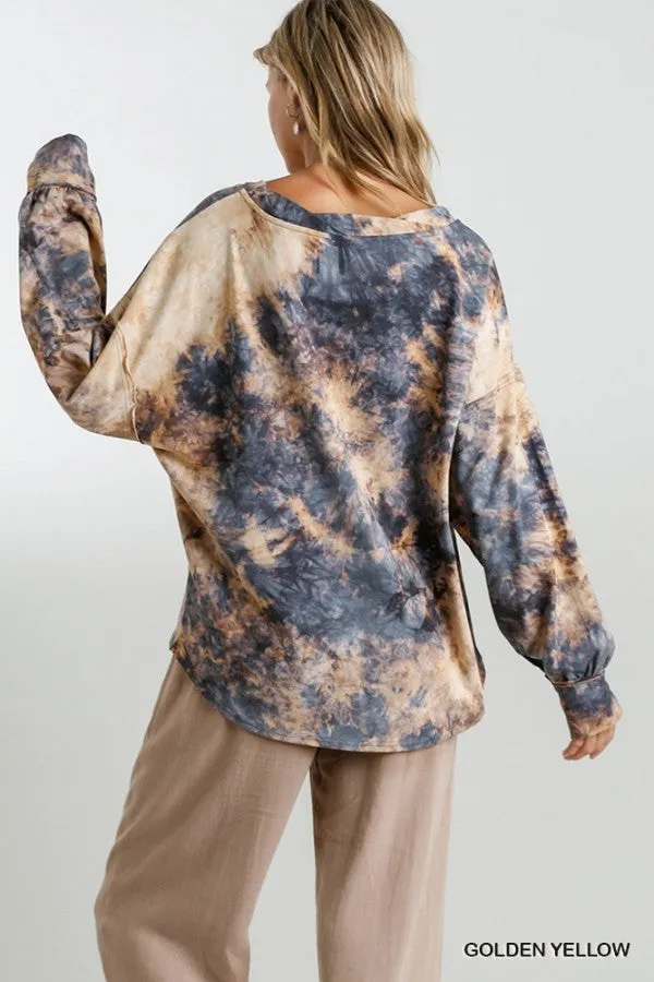 Tie Dye Twisted Collar Top, Golden Yellow