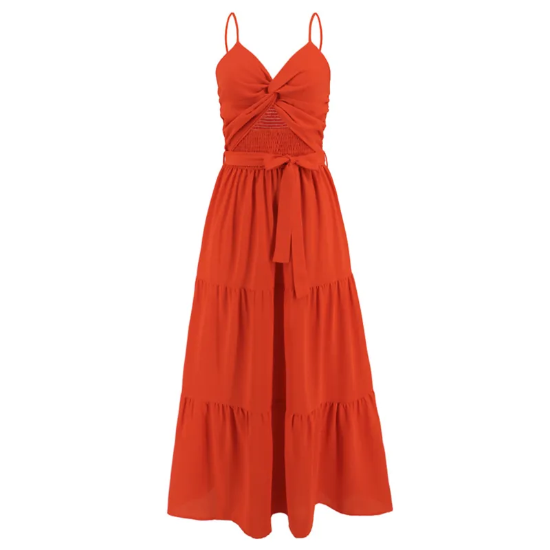Tie Front Dress Sleeveless Red Maxi Dresses