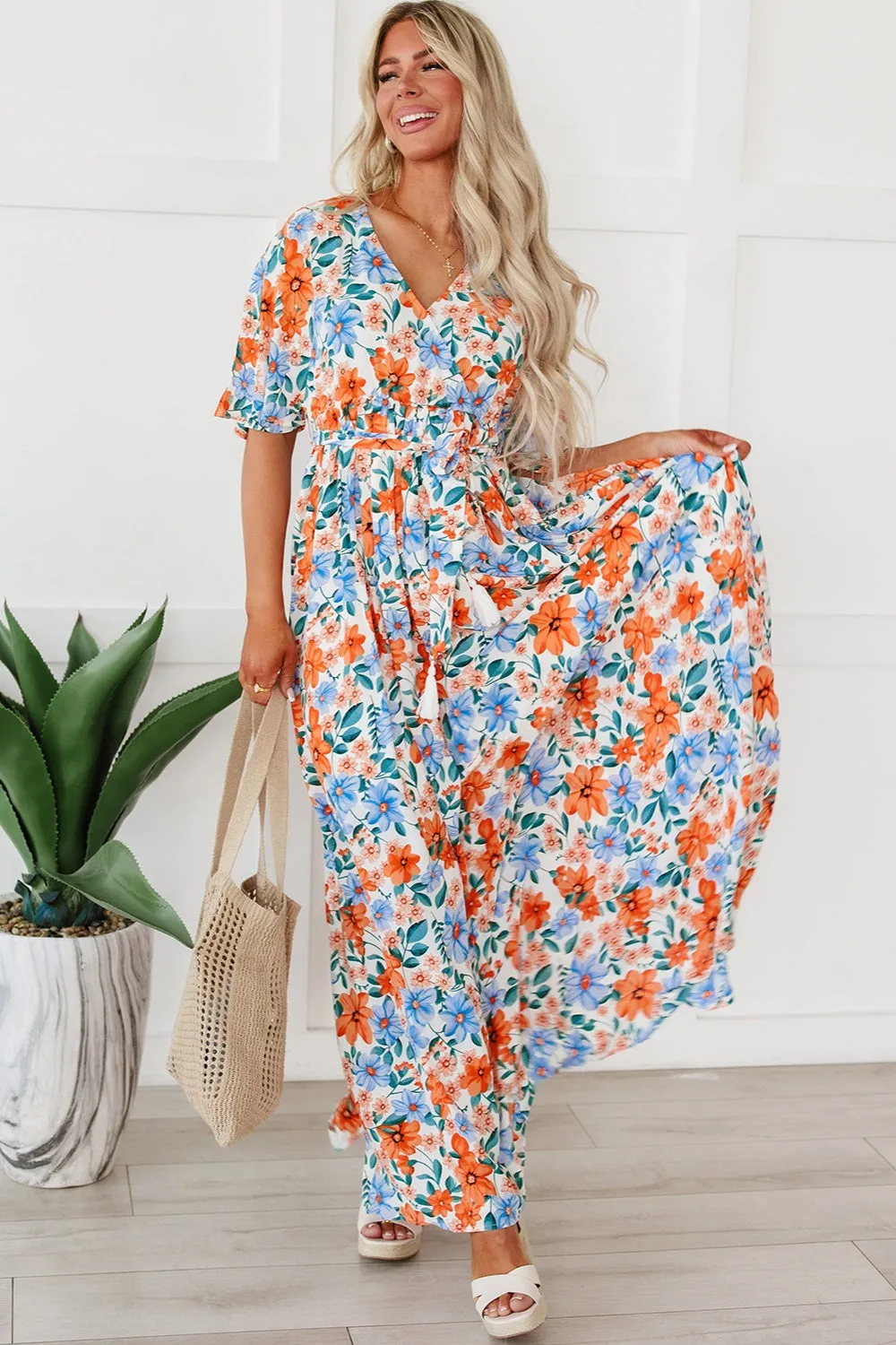 Tied Slit Printed Half Sleeve Maxi Dress