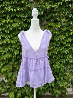 Tied To You Cotton Gauze Shoulder Tie V Neck Top In Lavender