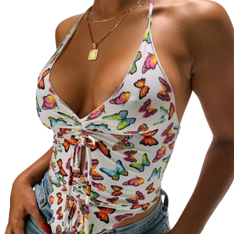 Toleet Y2K Floral Printed Blue Halter Top Summer Bohemian Beach Style Backless Tank Top Tie Knot Front Cut Out Mini Vest Women Cami