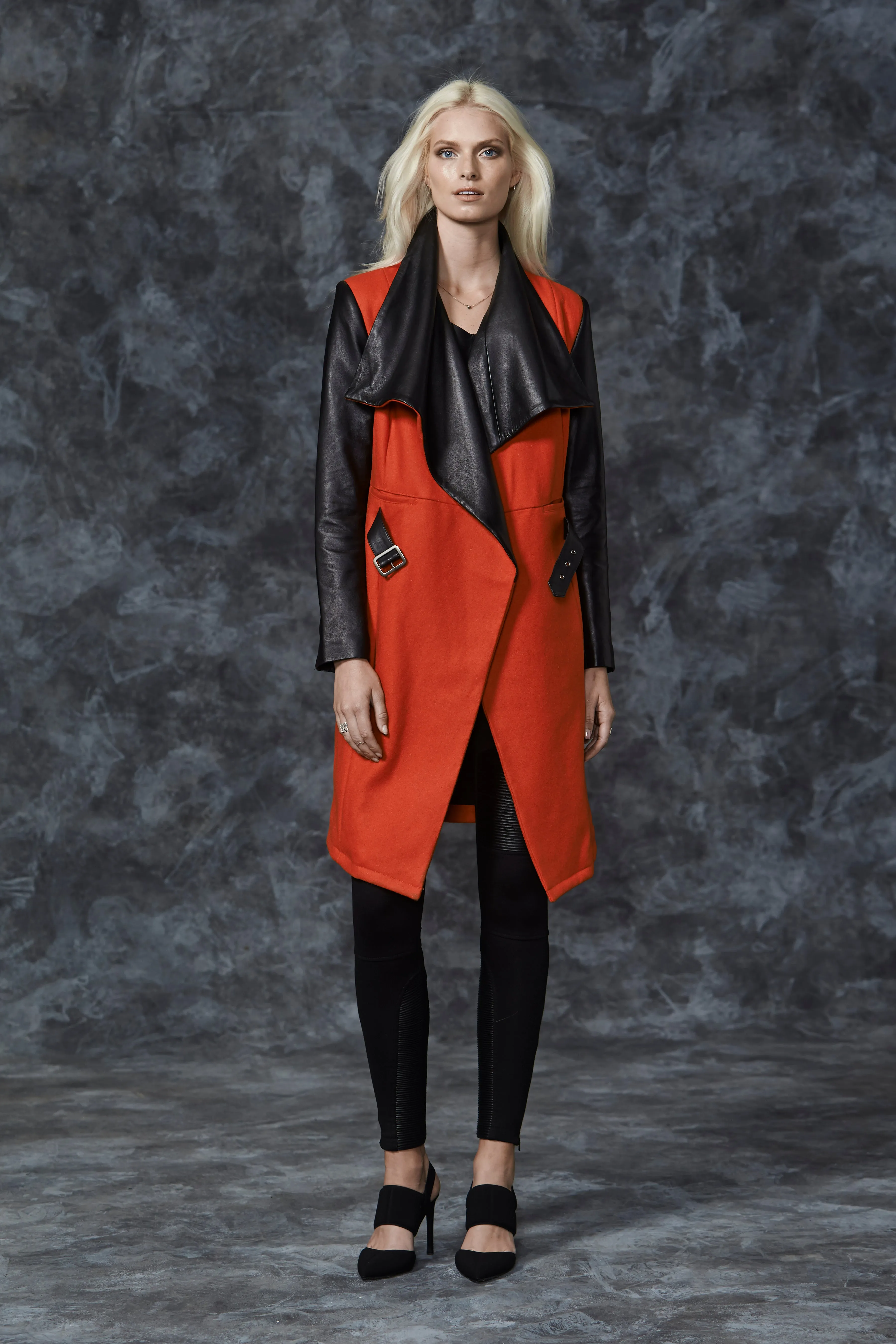 Upper East Blanket Coat in Vibrant Orange & Black Leather - SAMPLE