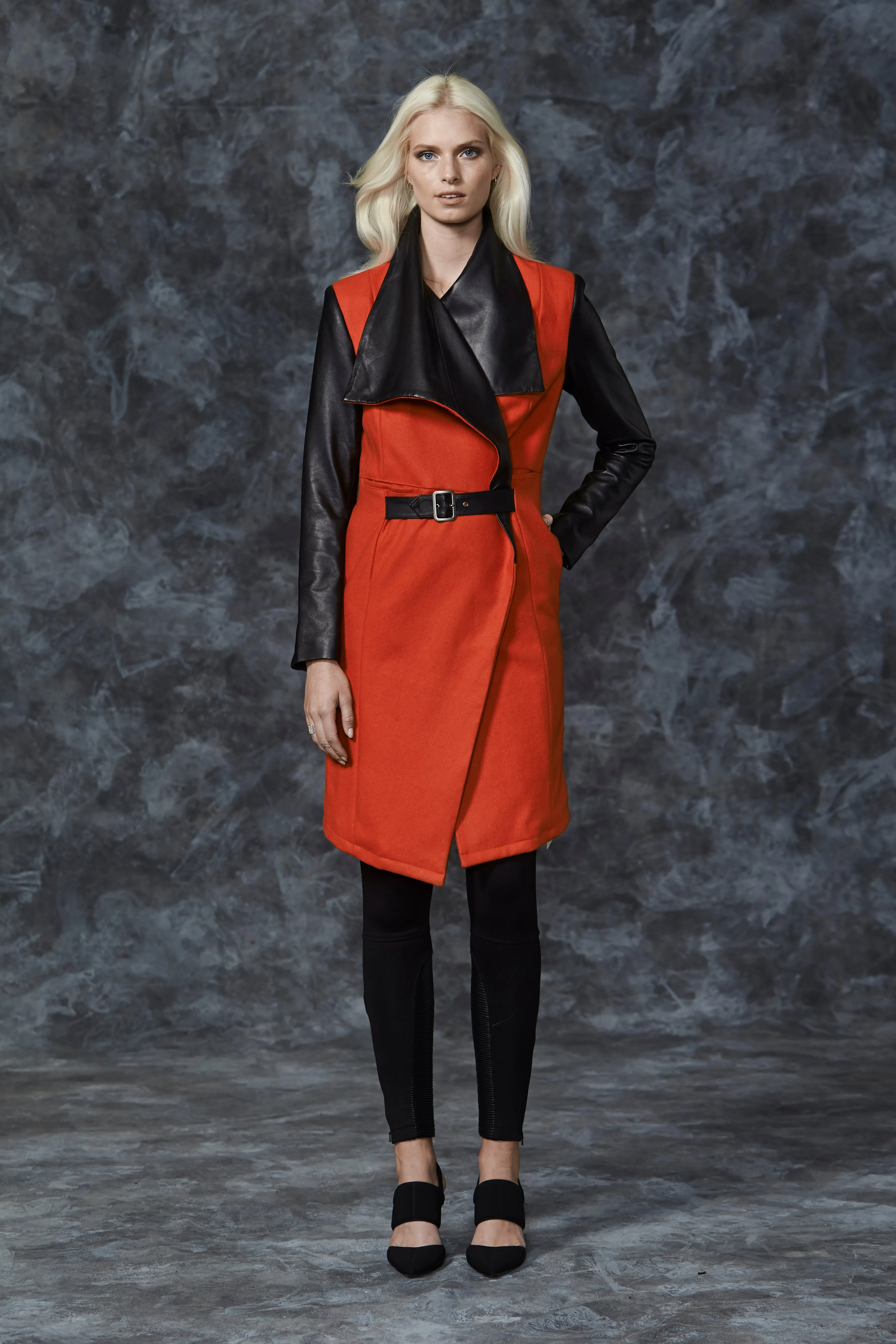 Upper East Blanket Coat in Vibrant Orange & Black Leather - SAMPLE