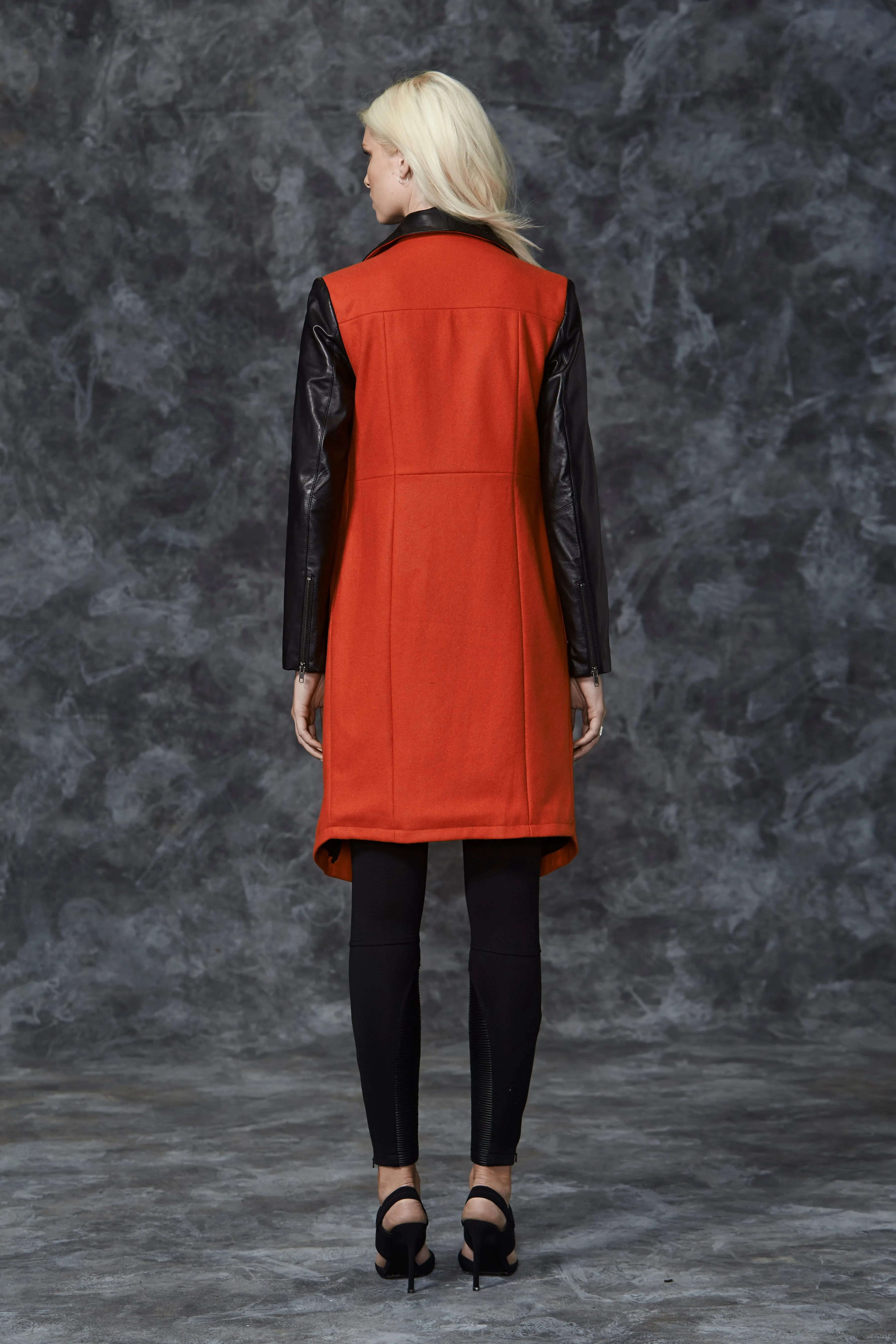 Upper East Blanket Coat in Vibrant Orange & Black Leather - SAMPLE