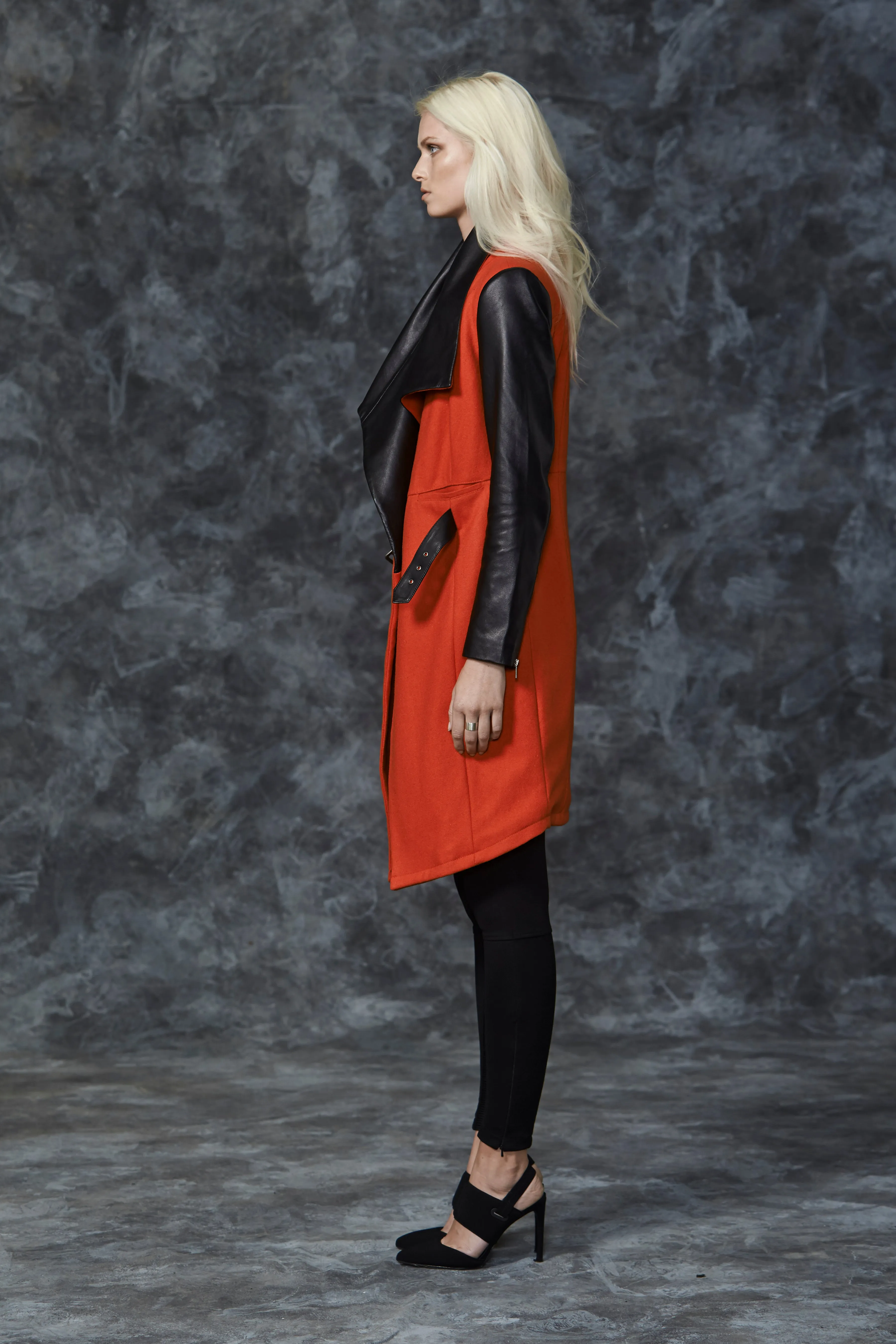 Upper East Blanket Coat in Vibrant Orange & Black Leather - SAMPLE