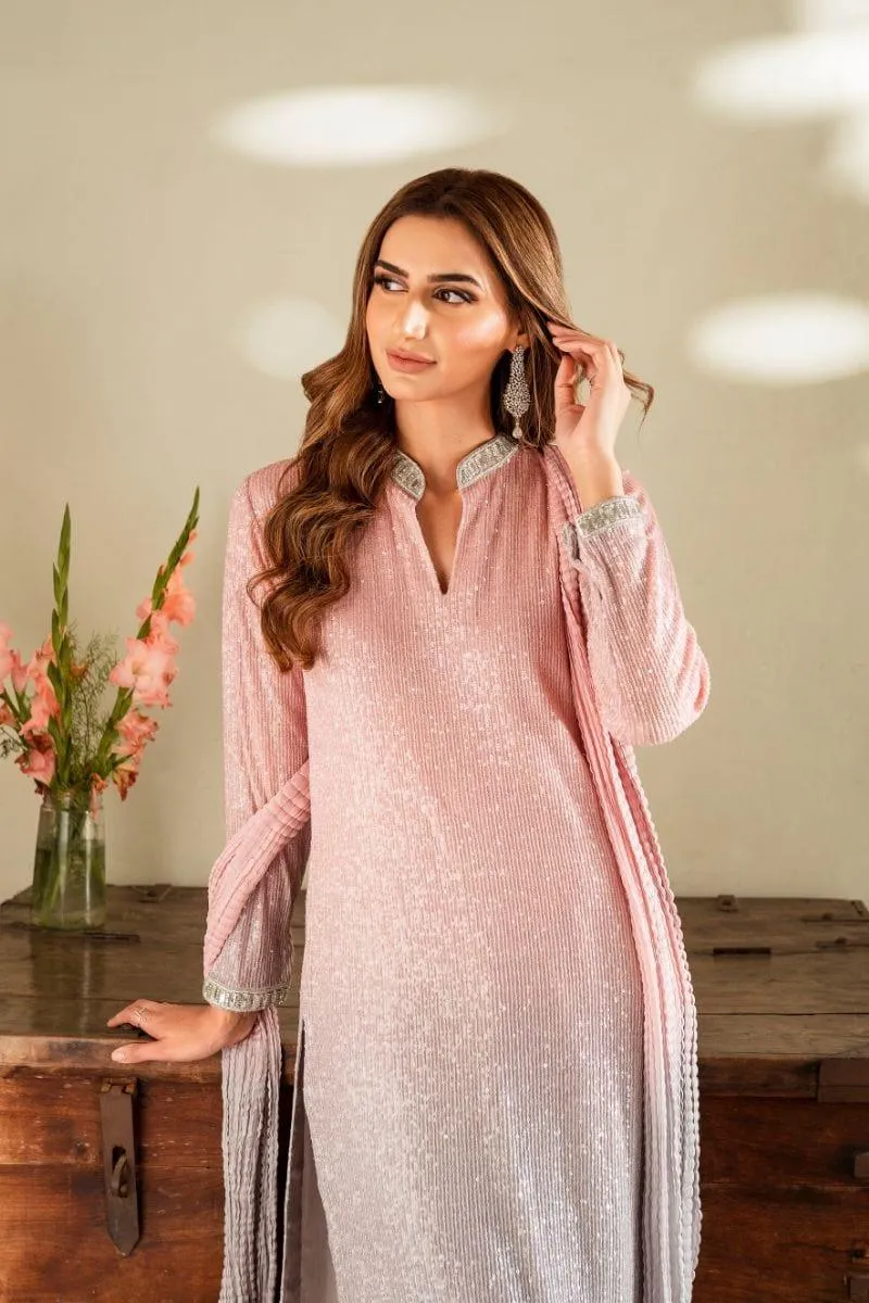 Ushna Shah in Natasha Kamal - Pink Embroidered Net Shirt and Raw Silk Pants with Ombre Crushed Silk Dupatta - 3 Pieces