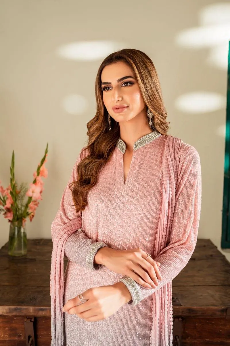 Ushna Shah in Natasha Kamal - Pink Embroidered Net Shirt and Raw Silk Pants with Ombre Crushed Silk Dupatta - 3 Pieces