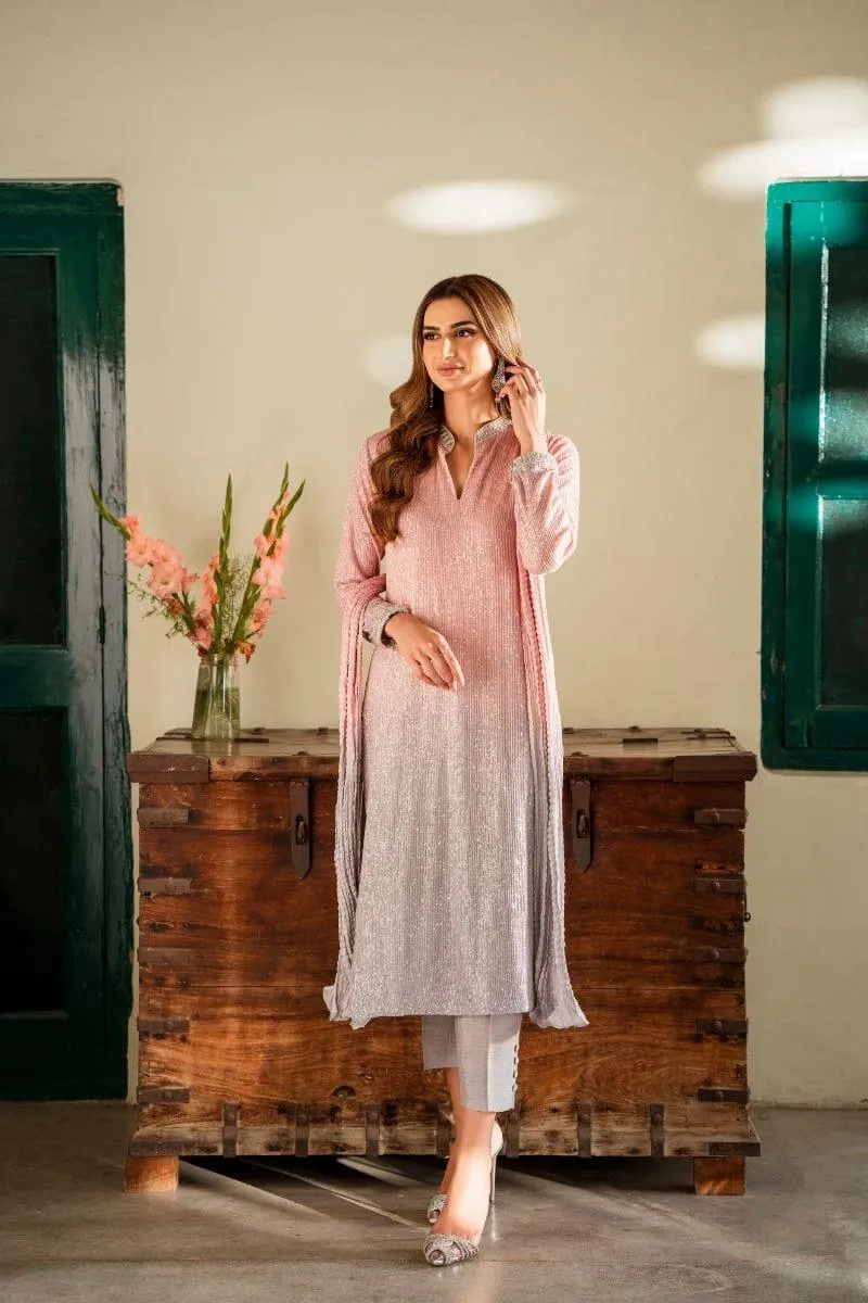 Ushna Shah in Natasha Kamal - Pink Embroidered Net Shirt and Raw Silk Pants with Ombre Crushed Silk Dupatta - 3 Pieces