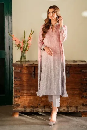 Ushna Shah in Natasha Kamal - Pink Embroidered Net Shirt and Raw Silk Pants with Ombre Crushed Silk Dupatta - 3 Pieces