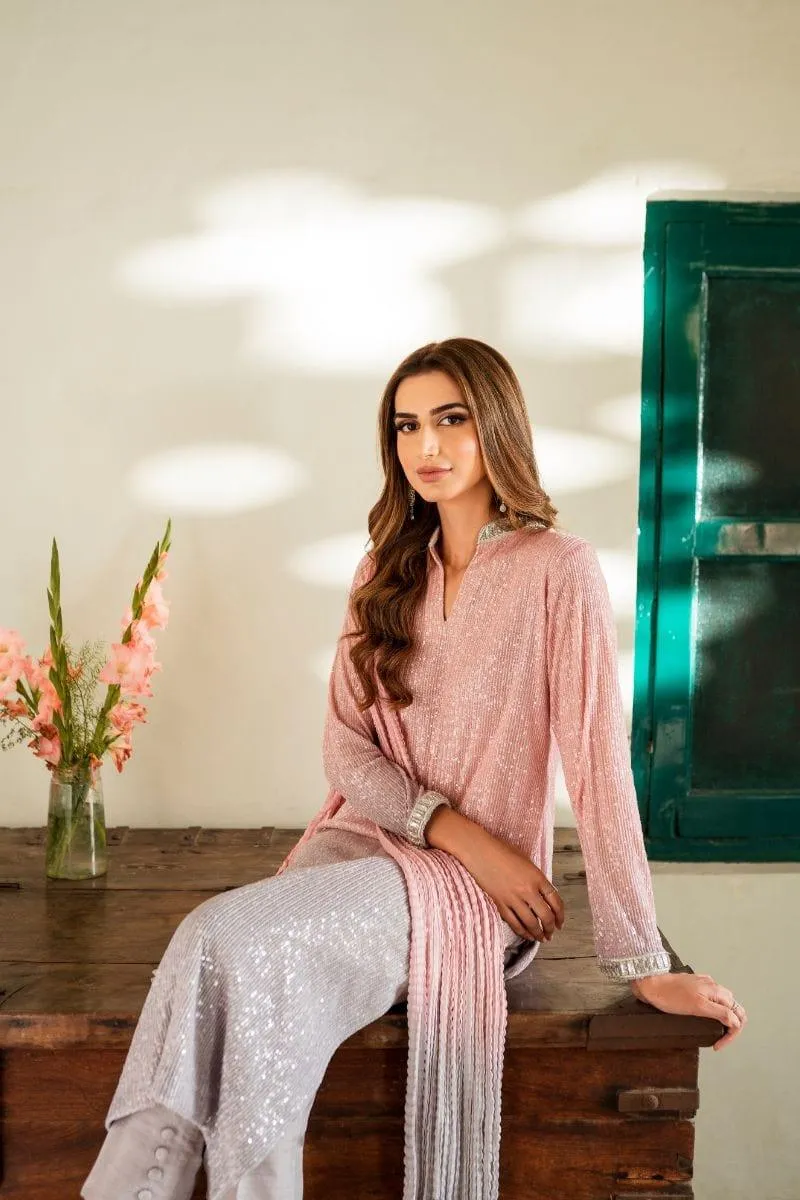 Ushna Shah in Natasha Kamal - Pink Embroidered Net Shirt and Raw Silk Pants with Ombre Crushed Silk Dupatta - 3 Pieces