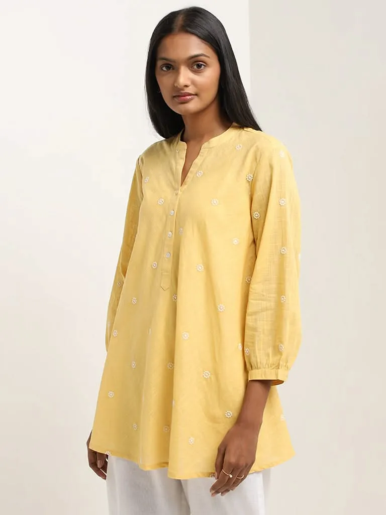 Utsa Yellow Embroidered A-Line Cotton Tunic