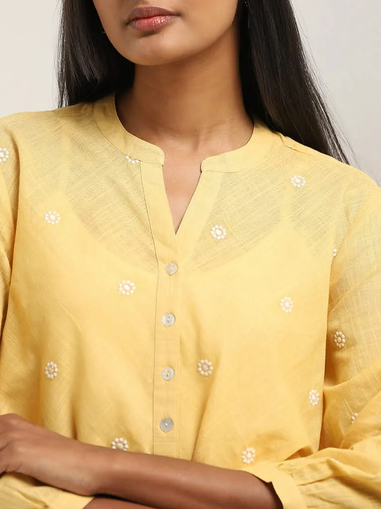 Utsa Yellow Embroidered A-Line Cotton Tunic