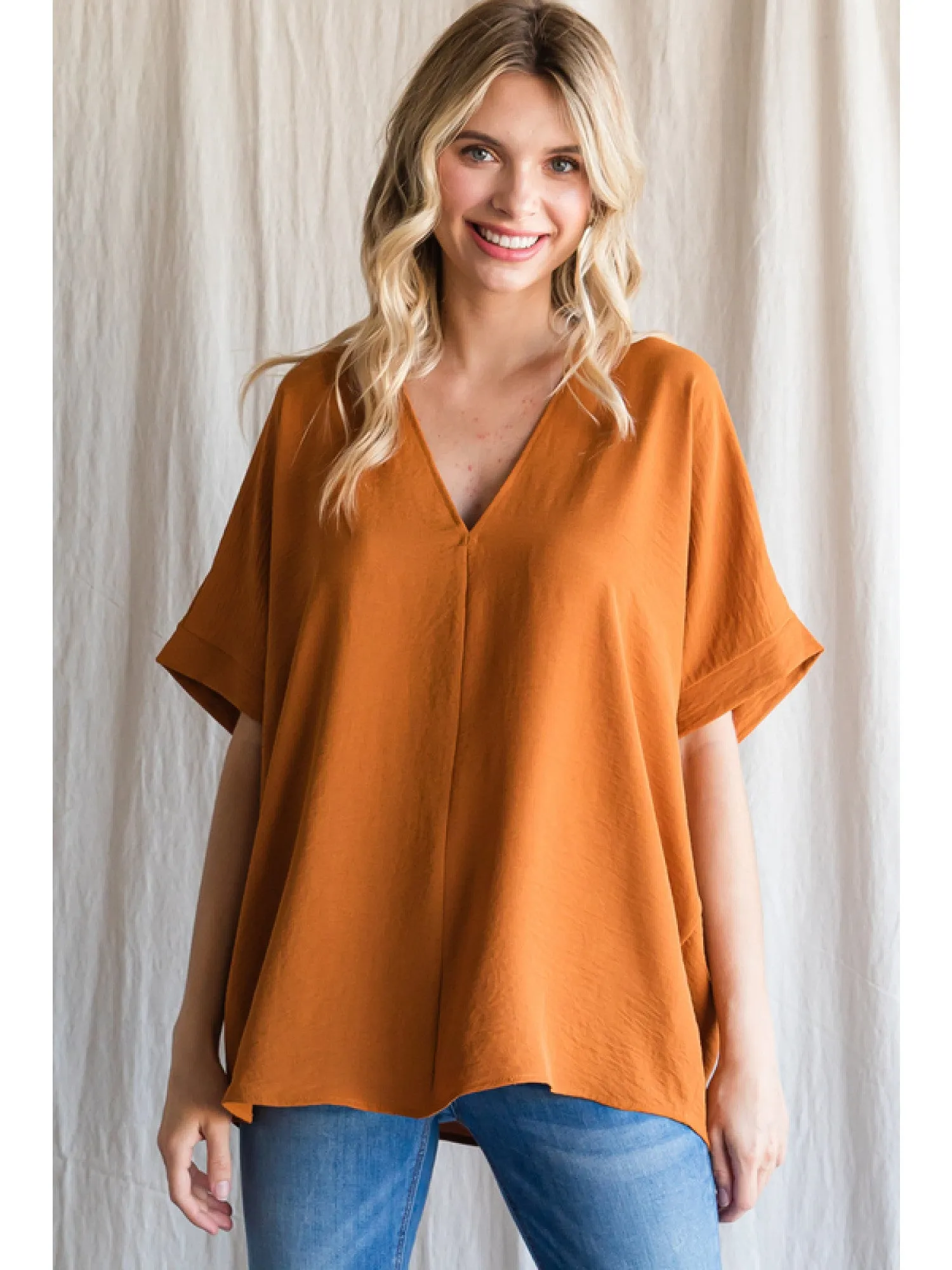 V-Neck Shift Top, Caramel