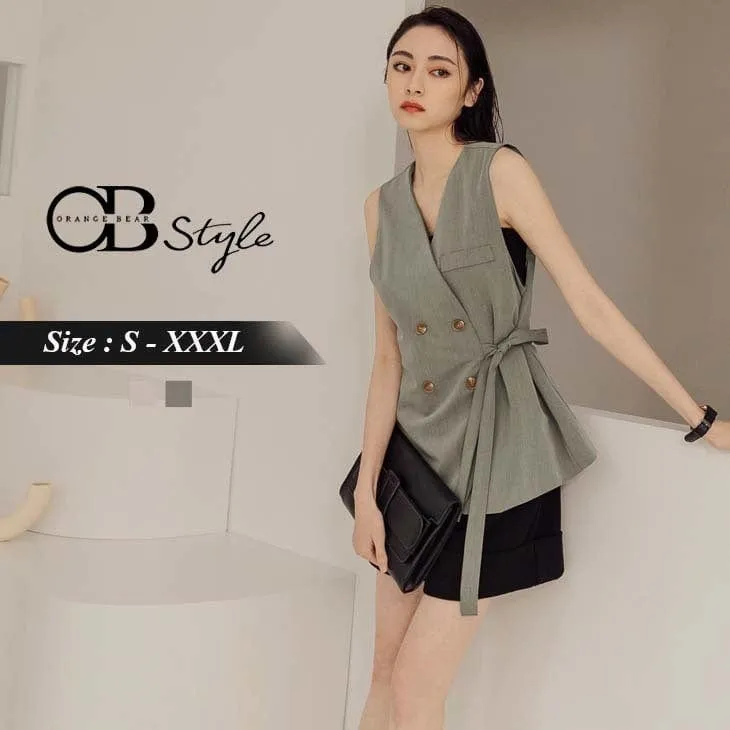 V-NECK TUNIC BUTTONS SLEEVELESS SUIT JACKETS