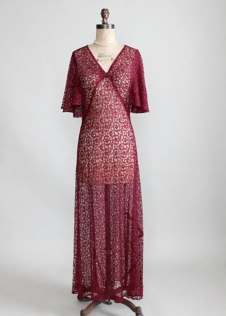 Vintage 1930s Cranberry Lace Evening Dress