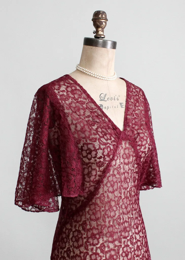 Vintage 1930s Cranberry Lace Evening Dress