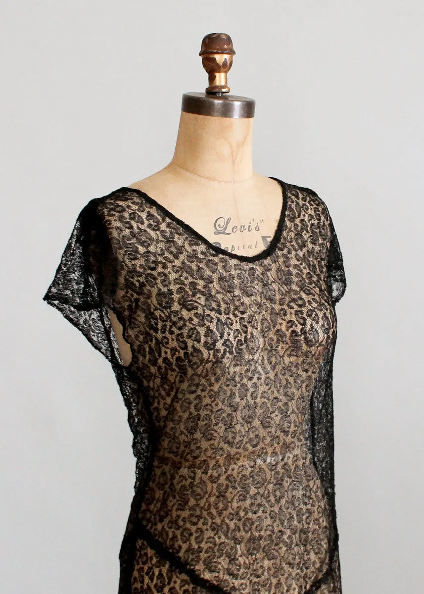 Vintage 1930s Sheer Black Lace Evening Dress