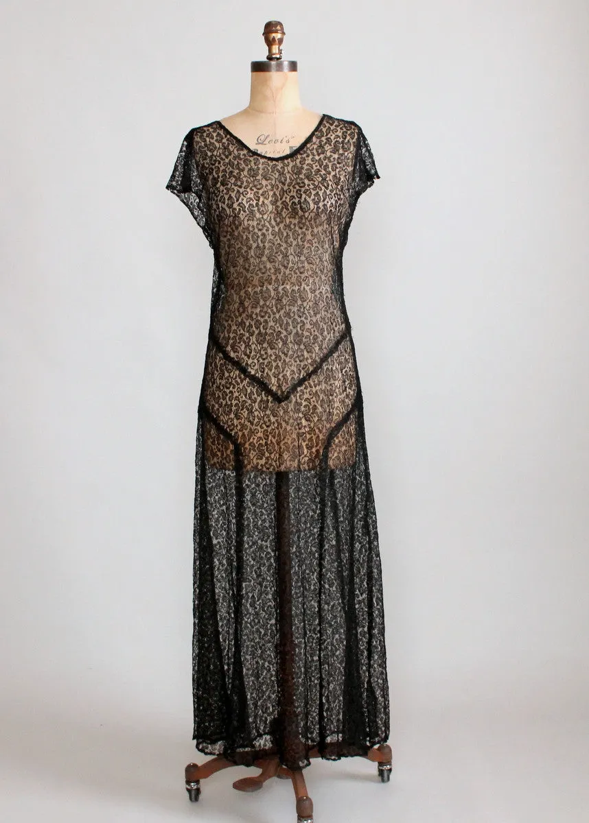 Vintage 1930s Sheer Black Lace Evening Dress