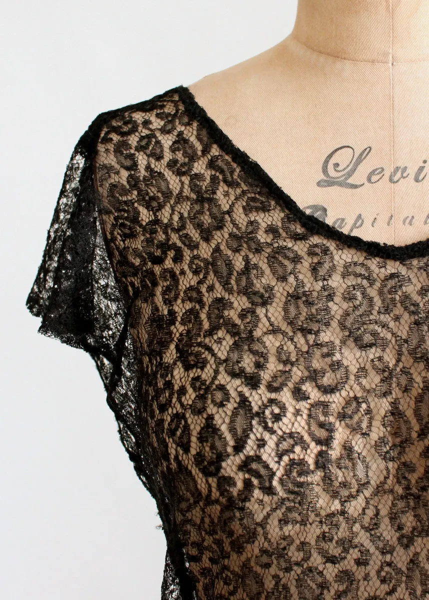 Vintage 1930s Sheer Black Lace Evening Dress