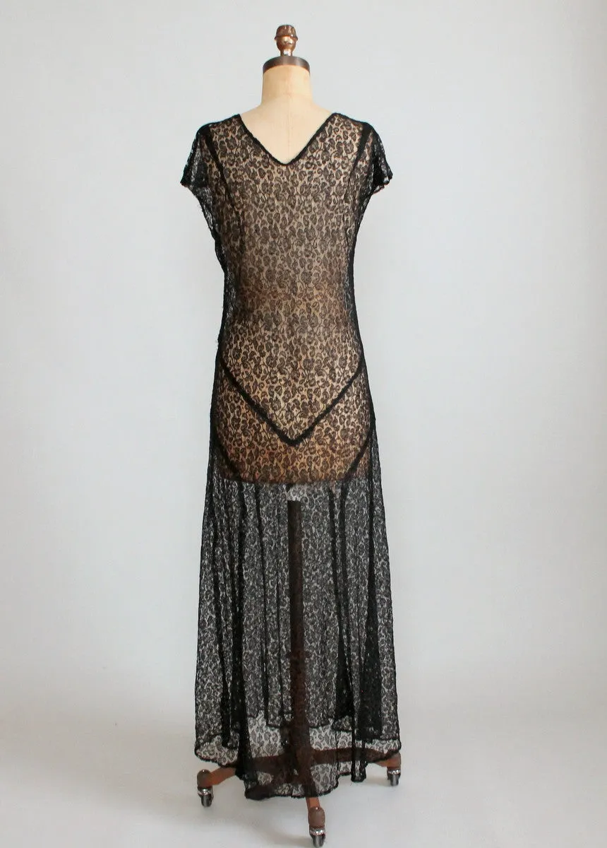 Vintage 1930s Sheer Black Lace Evening Dress