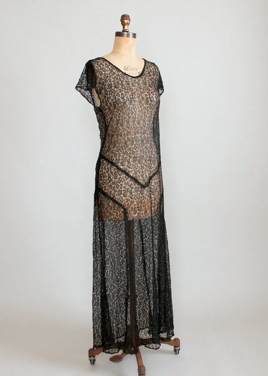 Vintage 1930s Sheer Black Lace Evening Dress