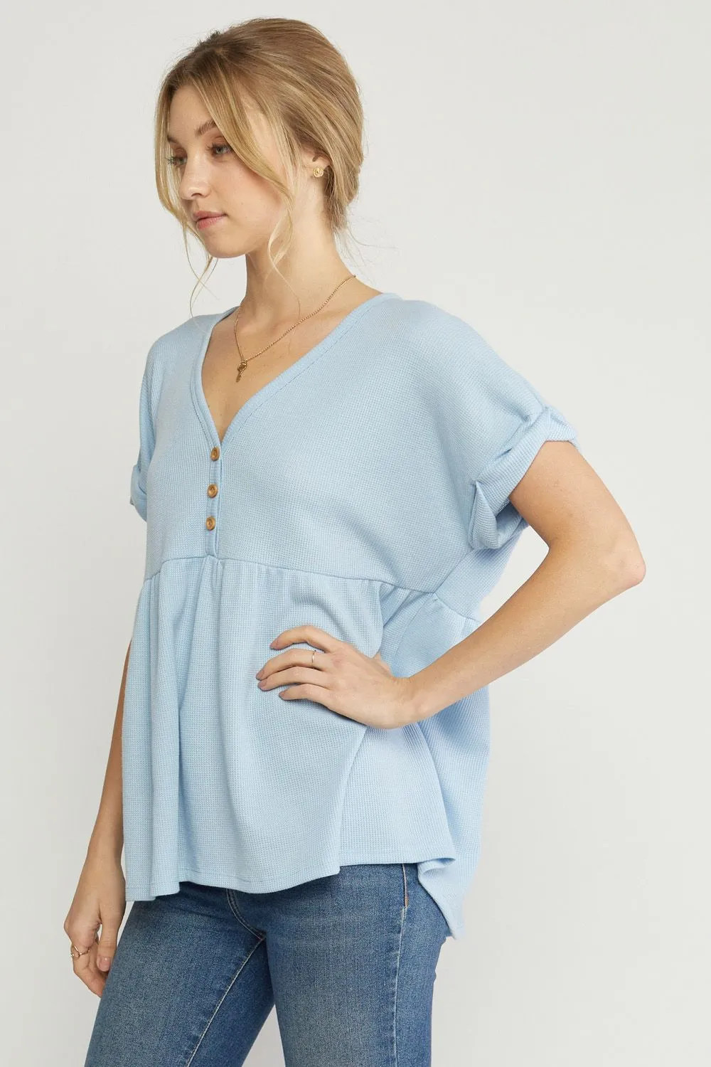 Waffle Knit Babydoll Top, Blue