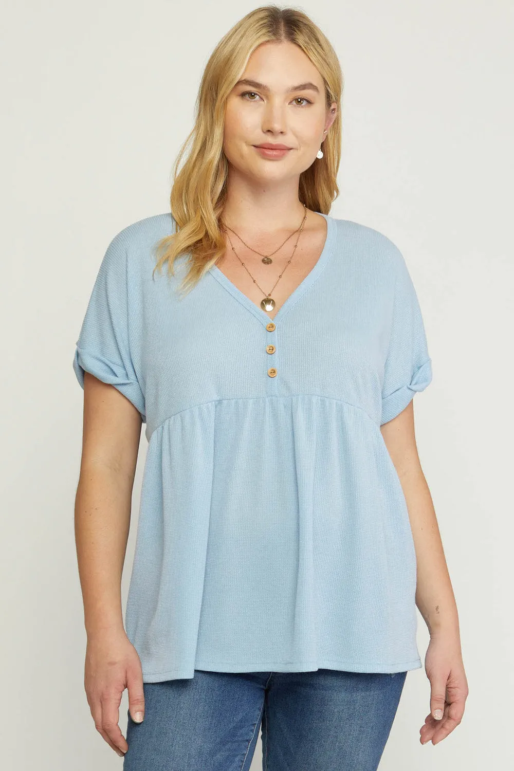 Waffle Knit Babydoll Top, Blue