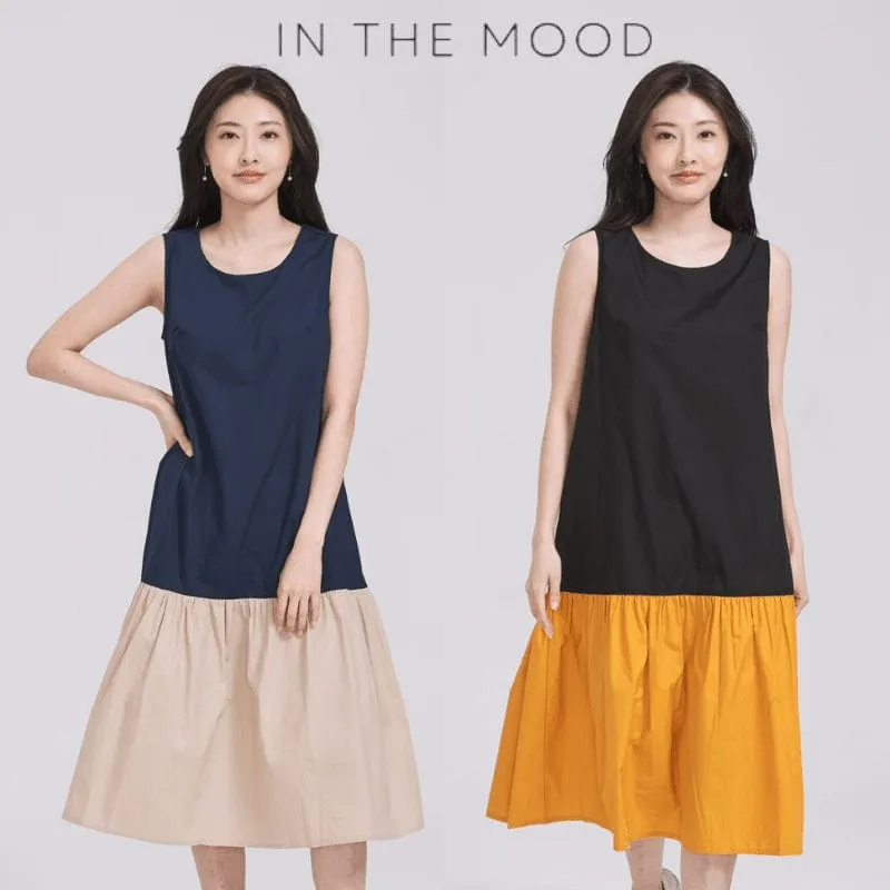 WEEKEND X OB DESIGN SHORT SLEEVE A-LINE COLOR BLOCK LONG MAXI MIDI DRESS