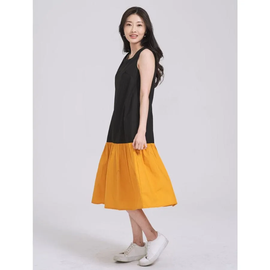 WEEKEND X OB DESIGN SHORT SLEEVE A-LINE COLOR BLOCK LONG MAXI MIDI DRESS