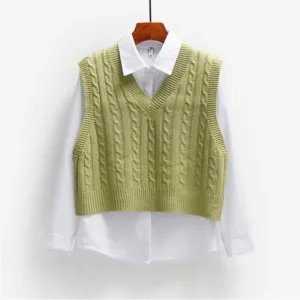 Wenkouban Women Short Knitted Sweater Sleeveless Women Loose Sweater Vest Ladies V-Neck Pullover Tank Tops Waistcoat Female Coats