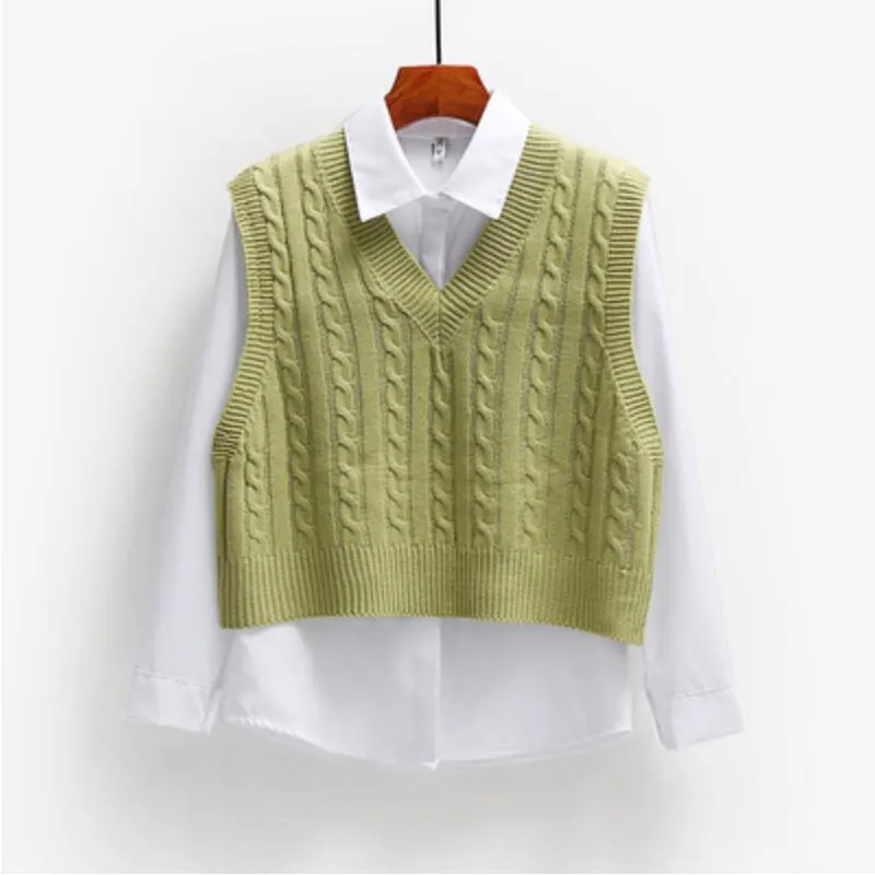 Wenkouban Women Short Knitted Sweater Sleeveless Women Loose Sweater Vest Ladies V-Neck Pullover Tank Tops Waistcoat Female Coats